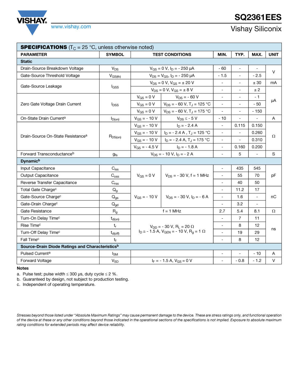 Specifications Of SQ2361EES-T1-GE3